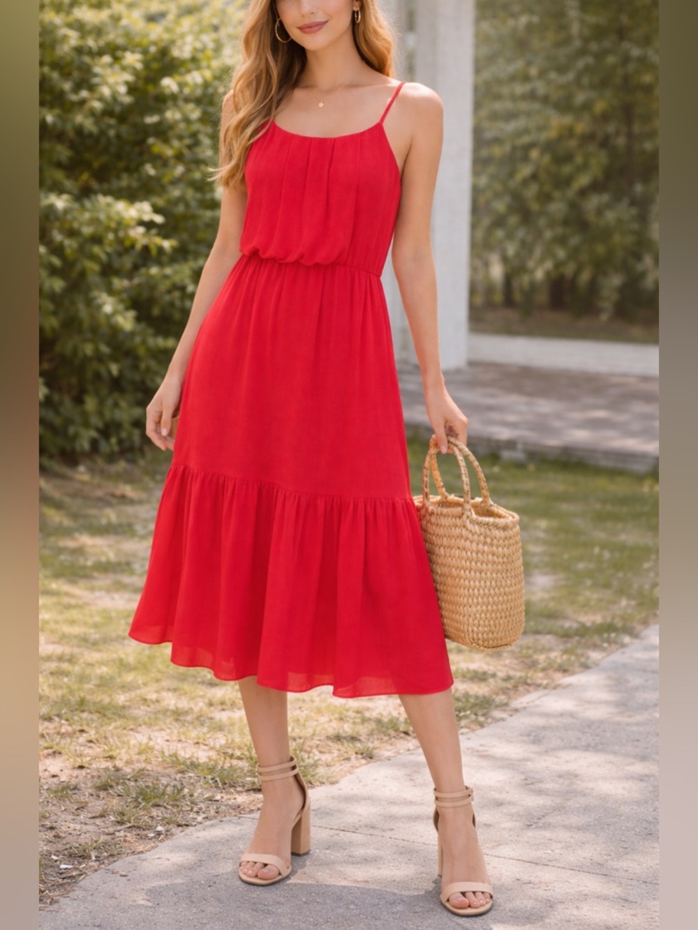 Romantic Coral Midi Dress Flowy Feminine Spring Summer Vacation PXL